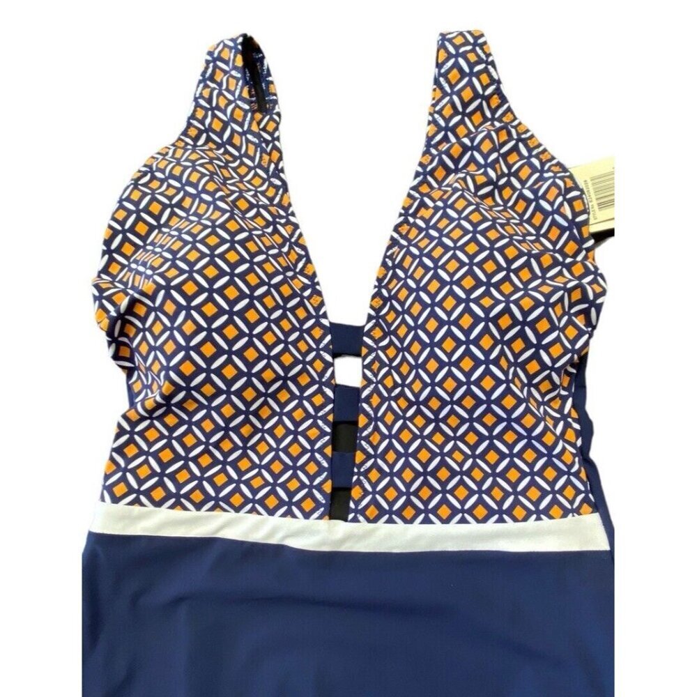 Profile by Gottex Sz 10 Swimsuit Let It Be Halter One Piece Blue White Beach - Picture 2 of 7